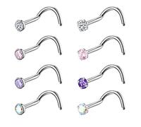 Lot de 8 piercings de nez en titane G23 18 g 20 g 2 mm 2,5 mm 3 mm Rose transparent Violet Aurore CZ doré Piercing de nez pour homme et femme, Métal Gemme, zirconium carré