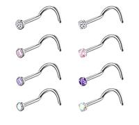 Lot de 8 piercings de nez en titane G23 18 g 20 g 2 mm 2,5 mm 3 mm Rose transparent Violet Aurore CZ doré Piercing de nez pour homme et femme, Pierre précieuse en métal, Zircone cubique