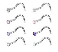 Lot de 8 piercings de nez en titane G23 18 g 20 g 2 mm 2,5 mm 3 mm Rose transparent Violet Aurore CZ doré Piercing de nez pour homme et femme, Métal Gemme, zirconium carré