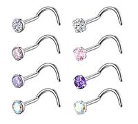 Lot de 8 piercings de nez en titane G23 18 g 20 g 2 mm 2,5 mm 3 mm Rose transparent Violet Aurore CZ doré Piercing de nez pour homme et femme, Métal Gemme, zirconium carré