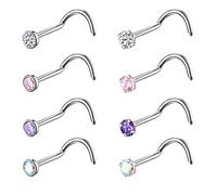 Lot de 8 piercings de nez en titane G23 18 g 20 g 2 mm 2,5 mm 3 mm Rose transparent Violet Aurore CZ doré Piercing de nez pour homme et femme, Métal Gemme, zirconium carré