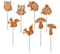 Lot de 8 piquets de jardin rouillés pour décoration d'automne en extérieur, décoration de jardin avec chouette hérissée, champignons sur les deux côtés, tiges de rouille en métal pour pot de fleurs