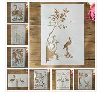 Lot de 8 pochoirs réutilisables pour peinture, format A4, 29 cm, grue, flamant rose, cygne, oiseau, pour peinture sur bois, toile, papier, tissu, roche, loisirs créatifs
