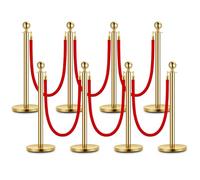 Lot de 8 poteaux de délimitation en acier inoxydable - Tête sphérique - 6 cordes rouges en velours - Colonne dorée - Pour théâtre, fête, mariage, musée - Exposition