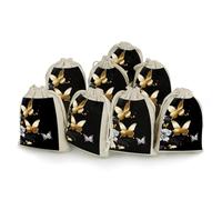 Lot de 8 sachets vides en coton avec cordon de serrage, motif papillons blancs et dorés, 17 x 12 cm, pour épices, thé, bijoux, mariage