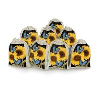 Lot de 8 sacs cadeaux réutilisables en coton avec cordon de serrage, motif tournesols jaunes avec papillons bleus, sacs cadeaux pour bijoux, fêtes, emballages, cadeaux de Noël, sacs à bonbons, 12 x 17