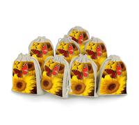 Lot de 8 sacs cadeaux réutilisables en coton et chanvre avec motif de tournesols jaunes avec bouquets de papillons rouges avec cordon de serrage pour mariage, bricolage, fête (12 x 17 cm)