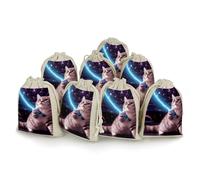 Lot de 8 sacs fantaisie en coton naturel avec cordon de serrage, motif chat spatial, sac réutilisable en mousseline de coton naturel avec cordon de serrage, petite pochette à bijoux pour fête, mariage