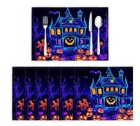 Lot de 8 Sets de Table, Art De La Lumière Noire Lavable Napperons Résiste à la Chaleur Antidérapant Manoir Hanté Dessous de Table pour Cuisine ou Table à Manger, Indigo