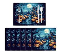 Lot de 8 Sets de Table, Champ De Citrouilles Magiques Lavable Napperons Résiste à la Chaleur Antidérapant Ciel Nocturne Hanté Dessous de Table pour Cuisine ou Table à Manger, Bleu