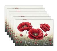 Lot de 8 Sets de Table Champ De Fleurs en Lin Antidérapants et Résistants à La Chaleur Set de Table Pavot Facile à Nettoyer et Stocker pour Cuisine, Salle à Manger, Rouge