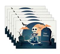 Lot de 8 Sets de Table Dessins animés d'halloween Pierre tombale en Forme de crâne | Bleu Mélange Coton-Lin pour décoration de Tables à Manger, Cuisine et Linge de Table, 30 x 45 cm