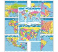 Lot de 8 Sets de Table éducatifs pour Enfants - Motif Carte du Monde - Antidérapants - Lavables - États-Unis, Europe, Asie, Afrique, Amérique du Sud, Amérique Centrale, Canada - pour Table à Manger à