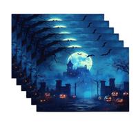 Lot de 8 Sets de Table Lavables, Cimetière Nocturne Château de citrouilles de la Porte de Fer Sets de Table Plastique Mélange Coton-Lin | Résistants à la Chaleur, Antidérapants, 30 x 45 cm