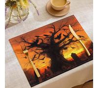 Lot De 8 Sets De Table pour Atmosphère Sombre Et Étrange,Motif Vieux Village Cimetière, Lavable, Décoration De Table De Cuisine, Salle À Manger, Décoration De Fête