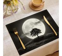 Lot de 8 Sets de Table, Vue Nocturne d'un Arbre Solitaire sur Une Colline Tissé Lavable Napperons Colline Minimaliste Sets de Table Résiste à Chaleur Antidérapant pour Cuisine ou Table à Manger, Gris