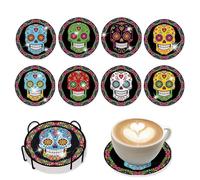 Lot de 8 sous-verres de peinture d'art diamant avec support Bricolage Sous-verres ronds pour débutants (motif crâne-1)