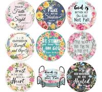 Lot de 8 sous-verres de peinture diamant chrétienne avec support, verset de la Bible chrétienne, kit de dessous-de-verre pour boissons, kit de peinture ronde à strass pour adultes, cadeaux