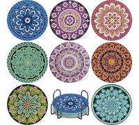 Lot de 8 sous-verres de peinture diamant Mandala avec support, sous-verres Mandala Diamond Cup 5D DIY Mandala Dessous de verre antidérapants pour débutants, adultes et enfants