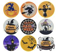 Lot de 8 sous-verres de peinture diamant pour Halloween, avec support, kit de peinture diamant pour débutants, adultes et enfants, fournitures artistiques, cadeau amusant