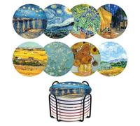 Lot de 8 sous-verres - Ensemble de sous-verres de peinture Art Van Gogh avec support - Sets de sous-verres en céramique réutilisables - Dessous de verre ronds réutilisables - Dessous de verre pour la