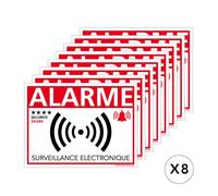 Lot de 8 stickers alarme surveillance électronique - Sécurité 24H/24 - 8 x 6 cm