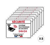 Lot de 8 stickers alarme système électronique en liaison avec la police - Sécurité 24H/24 - 8 x 6 cm - Adhésif blanc
