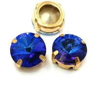 Lot de 8 strass ronds en verre doré à coudre, 6 mm/8 mm/10 mm/12 mm/14 mm, pour appliques, robes, vêtements - Lumière bleue - 14 mm
