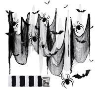 Lot de 8 Tissu Effrayant d'halloween, Gaze Effrayante 183 * 76CM, avec 12 Chauve-Souris et 28 Araignée, pour Jardin, Escalier, Plafond, Fenêtres, Maison Hantée(4 Noirs + 4 Blancs)