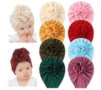 Lot de 8 turbans en coton uni avec grand nœud à fleurs, pour nouveau-né, tout-petit, bébé fille, beige, rose, rouge, bleu ciel, jaune, vert armée, rose foncé et vert foncé, 6-24 mois