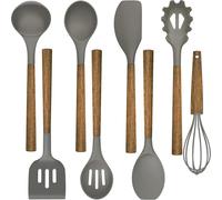 Lot de 8 ustensiles de cuisine avec poignée en bois, accessoires de cuisine en silicone, antiadhésifs, résistants à la chaleur, faciles à nettoyer (gris)