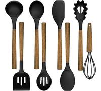 Lot de 8 ustensiles de cuisine en silicone avec manche en bois et trou pour la cuisine et la pâtisserie, ustensiles de cuisine antiadhésifs résistants à la chaleur, fouet, spatule (noir)