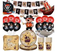 Lot de 80 décorations de fête d'anniversaire pirates avec grand bateau pirate - Ballons en aluminium - Assiettes en carton de pirates - Tasses - Bannière - Ballons pirates - Décoration squelette