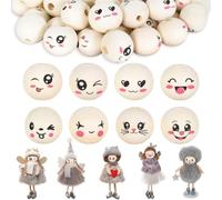 Lot de 80 Perles Rondes en Bois Avec Visage - 20 mm - Boules Avec Sourire - Pour Bricolage, Décoration, Bijoux, Accessoires Pour Vers de Soucis, Artisanat
