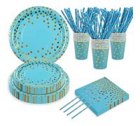 Lot de 80 pièces Set de Vaisselle de Fête d'Anniversaire, Décorations à Pois Bleu Doré, Assiettes Serviettes Gobelets en Papier Pailles pour Filles Femmes, Décoration d'Anniversaire Joyeux, Pour 16