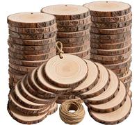 Lot de 80 tranches de bois pré-percées avec trous, disques de pin naturel de 8,1 à 10,2 cm et corde de chanvre de 24 m, kit d'artisanat lisse poncé pour décorations de Noël, décoration de mariage