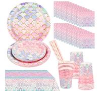 Lot de 81 assiettes de fête sirène - Décoration d'anniversaire - Assiettes, gobelets, serviettes, pailles, vaisselle de fête d'anniversaire pour 16 invités
