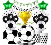 Lot de 82 articles de décoration d'anniversaire de football avec grands trophées - Ballon en aluminium - Accessoires de fête - Assiettes en carton - Tasses - Bannière - Ballons - Décoration de fête