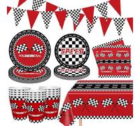 Lot de 83 pièces de fournitures de fête sur le thème de la voiture de course - Assiettes de fête d'anniversaire pour voiture de course - Décorations d'anniversaire à carreaux - Vaisselle pour 20