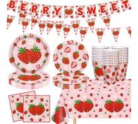 Lot de 84 assiettes et serviettes de table en forme de fraise - Décoration de fête d'anniversaire - Pour Berry Sweet Birthday - Pour 20 invités