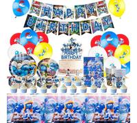 Lot de 85 pièces de vaisselle de fête motif Schtroumpfs - Décoration d'anniversaire d'enfant - Avec ballons, assiettes en carton, tasses, nappes, serviettes, Schtroumpfs - Décoration de fête pour 10