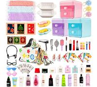 Lot de 87 accessoires de salle de bain miniatures pour maison de poupée, cosmétiques et toilettes, mini kit de maquillage avec shampooing, parfum, sèche-cheveux, peigne, sac à main, sac à dos