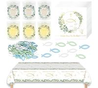 Lot de 87 décorations de table pour première communion, 1 nappe, 20 serviettes d'eucalyptus, 60 poissons en bois, 6 photophores, décoration de baptême pour garçon et fille, communion, fête