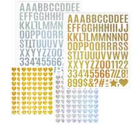 Lot de 880 lettres autocollantes argentées et dorées - 10 feuilles avec lettres de l'alphabet et chiffres de 2,5 cm, cœur de 1,3 cm pour scrapbooking, cadeaux | Autocollants en vinyle à paillettes