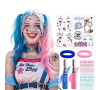 Lot de 9 Accessoire Déguisement Reine du Clown avec Autocollants de Tatouage, Pierres Strass, Peigne Colorant, Élastiques à Cheveux pour Les Fêtes, Halloween Cosplay et Le Maquillage (A)