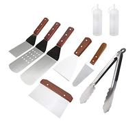 Lot de 9 accessoires de barbecue à dessus plat - Ustensiles de barbecue avec spatule à hamburger, grattoir, pelle à pizza, pelle à pizza, pince à hachoir, pince et bouteille à presser en acier