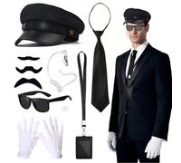 Lot de 9 accessoires de costume d'agent de sécurité secrète avec chapeau noir, lunettes de soleil, gants blancs, cravate, oreillette, badge d'identification pour adolescents et adultes des années 1920