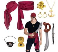 Lot de 9 accessoires de costume de pirate : bandeau, ceinture, boussole, collier, bracelet, boucles d'oreilles, bague, masque de pirate, couteau gonflable pour Halloween, Caraïbes, fête costumée, pour