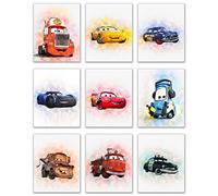 Lot de 9 affiches de film Cars - 20,3 x 25,4 cm - Aquarelle - Lightning McQueen Tow Mater Doc Hudson Jackson Storm Cruz Ramirez