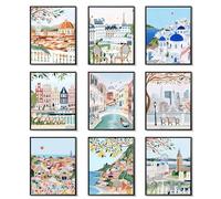 Lot de 9 affiches murales vintage de villes de voyage - Impressions sur toile de peintures pour salon, chambre à coucher, salle de bain, décoration d'intérieur, 20,3 x 25,4 cm, sans cadre